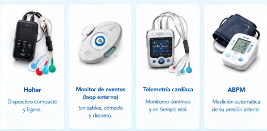 Equipos de Holter, monitor de eventos, telemetría cardíaca y ABPM